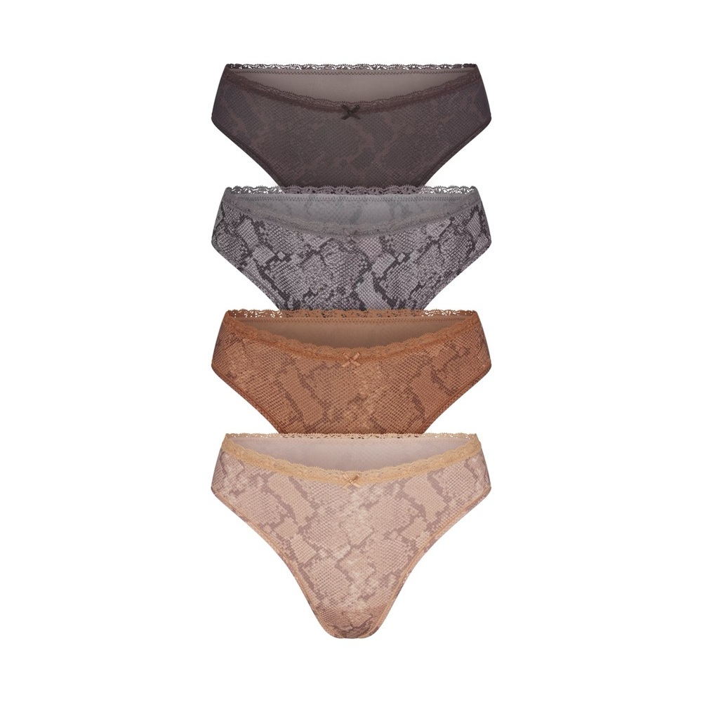 [SOLD] NWT SKIMS Fits Everybody Lace Thong 4-Pack (Jasper Snake Multi) Size XS